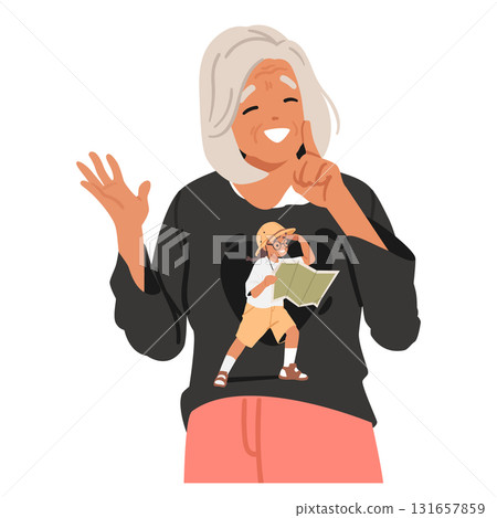 Happy inspired grey-haired elderly woman with curious inner girl child researcher cartoon portrait Happy inspired grey-haired elderly woman with curious inner girl child researcher cartoon portrait 131657859
