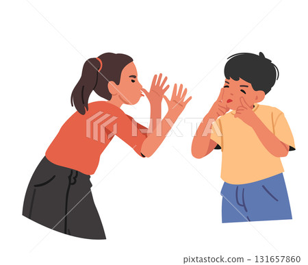 Little boy and girl making grimace faces and teasing each other isolated on white background Little boy and girl making grimace faces and teasing each other isolated on white background 131657860