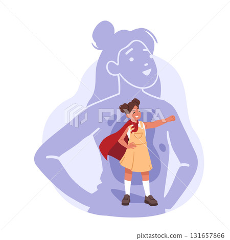 Adult woman silhouette with little girl inner child standing in superhero pose wearing red cape 131657866