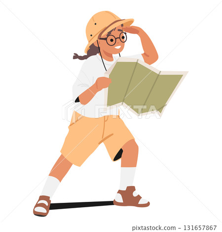Curious little girl child cartoon character in eyeglasses holding paper map scouting and exploring Curious little girl child cartoon character in eyeglasses holding paper map scouting and exploring 131657867
