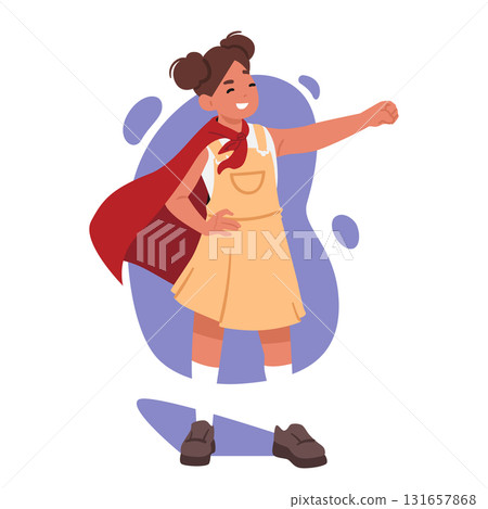 Brave positive little girl child cartoon character wearing red superhero cape feeling courageous 131657868