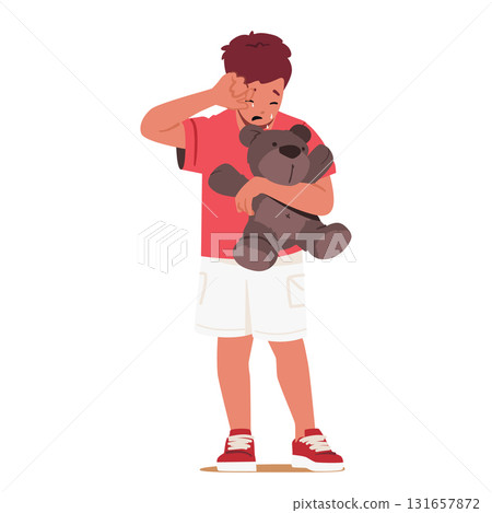 Little crying boy child cartoon character holding teddy bear toy wiping tears from face with hand Little crying boy child cartoon character holding teddy bear toy wiping tears from face with hand 131657872