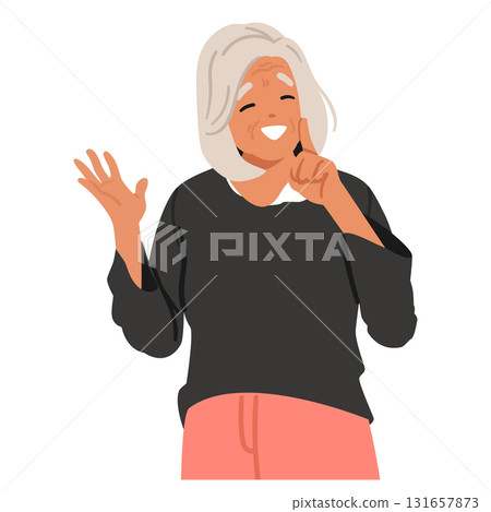 Happy smiling grey-haired elderly woman having idea pointing finger up isolated portrait on white Happy smiling grey-haired elderly woman having idea pointing finger up isolated portrait on white 131657873
