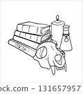 Contour illustration of a stack of books with Skull with Candle. Line drawing for Halloween. Hand drawn vector illustration in gothic themes. Bones painted by black inks. Books and skull sketch 131657957