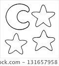 Vector illustration of a Moon and Stars. Contour line illustration of a Crescent moon with Stars. Sky objects in simple outline style. Linear drawing with Stars for invitations and nursery decor 131657958
