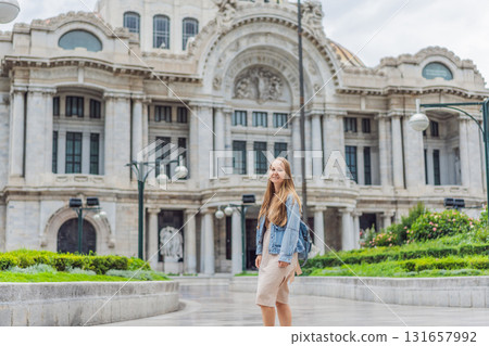 Woman tourist standing in front of Palacio de Bellas Artes in Mexico City, capturing the beauty of Mexican culture, architecture, and iconic travel landmarks 131657992