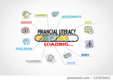 Financial Literacy Download concept. Chart with keywords and icons. Illustration 131658003