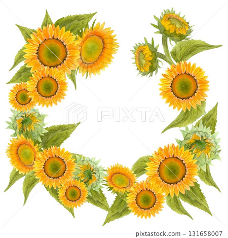 Sunflower. A vibrant watercolor sunflower. Rich yellow and orange flowers, delicate buds, and lush green foliage. A wreath of sunflower flowers, buds, and leaves. The image is done in watercolor with Sunflower. A vibrant watercolor sunflower. Rich yellow and orange flowers, delicate buds, and lush green foliage. A wreath of sunflower flowers, buds, and leaves. The image is done in watercolor with 131658007