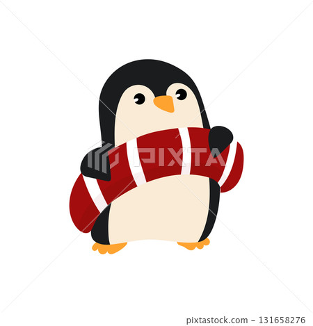 An illustration of a cute penguin holding a red lifebuoy 131658276