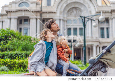 Father tourist with his two sons in front of Palacio de Bellas Artes in Mexico City, enjoying family vacation, cultural exploration, and architecture. Family travel and bonding concept 131658293