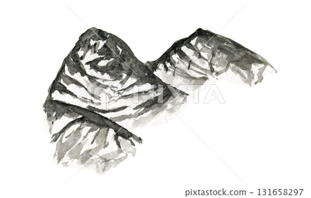 Abstract black and white watercolor ink hand painting mountains ridge angle illustration. Sketchy simple snowy hills landscape isolated on white background, outdoor travel concept Abstract black and white watercolor ink hand painting mountains ridge angle illustration. Sketchy simple snowy hills landscape isolated on white background, outdoor travel concept 131658297