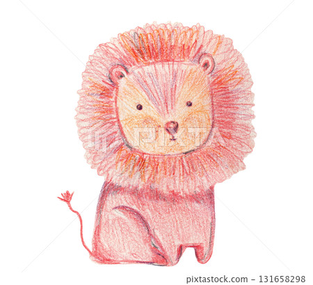 Cute crayon pencils textured hand drawing orange red lion illustration. Lovely childish safari animal for kids print design, textile decoration, greeting cards, stickers 131658298