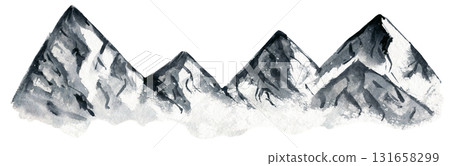 Black and white watercolor ink hand painting mountains peak illustration. Sketchy simple snow hills landscape isolated on white background, outdoor travel concept Black and white watercolor ink hand painting mountains peak illustration. Sketchy simple snow hills landscape isolated on white background, outdoor travel concept 131658299