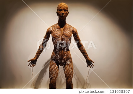 A woolen human body - a woolen figure standing with a serious gaze, as if pleading for something 131658307