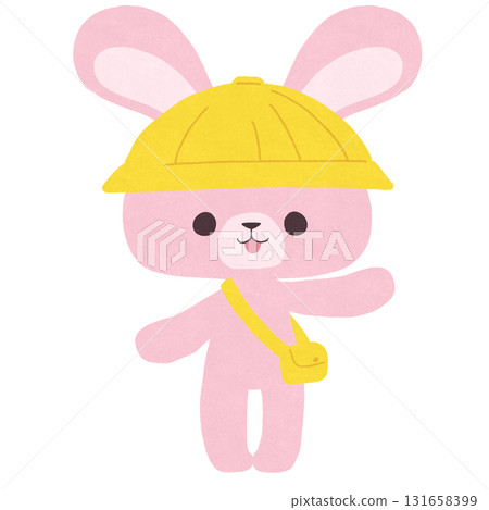 Illustration of a rabbit wearing a yellow hat and bag 131658399