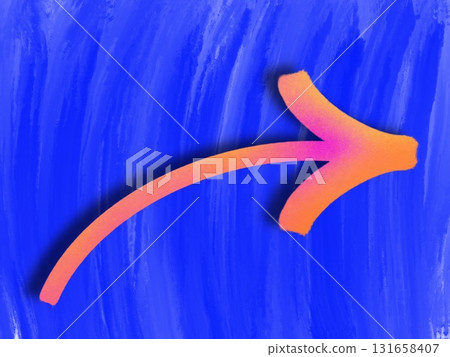 Handrawn arrow with pink yellow and orange marker on blue background. Top view, copy space 131658407