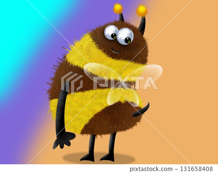 Beautiful fluffy bee with transparent wings look at her sting, for holidays, for birthday, on the wall, in a painting, illustration 131658408