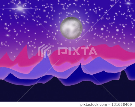 Mountains and a crescent moon, night sky background, illustration, white moon, copy space 131658409