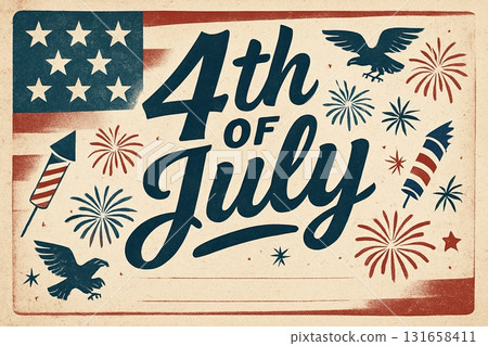A vintage-style 2D poster. Signboard with the inscription We will be closed for the 4th of July. Congratulations for family, loved ones, friends and colleagues. 131658411