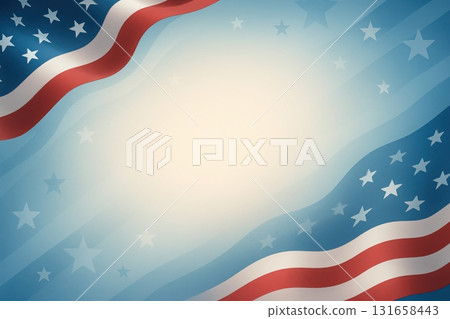 Abstract background with waving American flag elements, stars, and stripes in red, white, and blue tones. a large central area of soft focus for text placement. Minimalistic, modern design suitable Abstract background with waving American flag elements, stars, and stripes in red, white, and blue tones. a large central area of soft focus for text placement. Minimalistic, modern design suitable 131658443