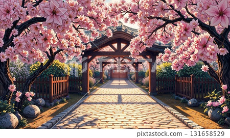 Sakura park view with alley of cherry blossom trees, lining a cobblestone path leading to wooden gates. Anime location background 131658529