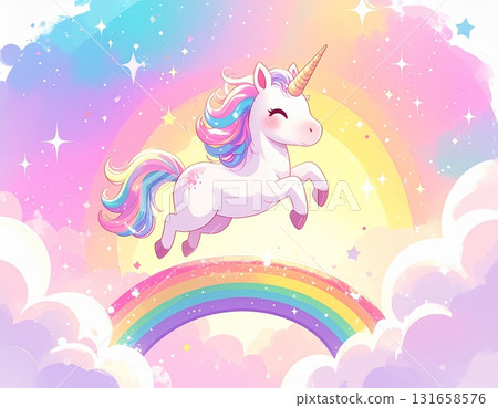 獨角獸在彩虹上奔跑的奇幻插圖 131658576