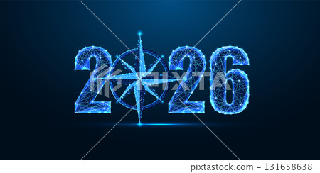 Glowing 2026 with compass rose symbol, navigating the future and finding direction digitally, vector Glowing 2026 with compass rose symbol, navigating the future and finding direction digitally, vector 131658638