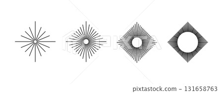 Straight radial lines in rhombus shapes. Set of dimond shaped sunburst icons. Solar signs. Radiance, spin, explosion or firework symbols isolated on white background. Vector graphic illustration 131658763