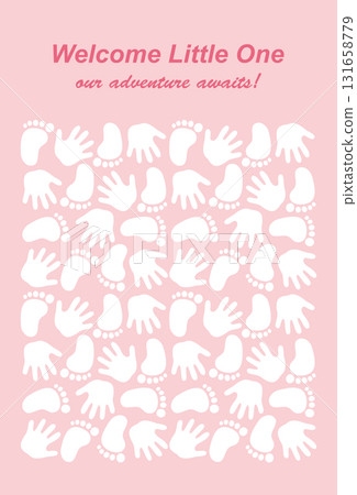 Baby shower guest book poster template for girls with babies footprints and handprints on pink background with guest signature places 131658779