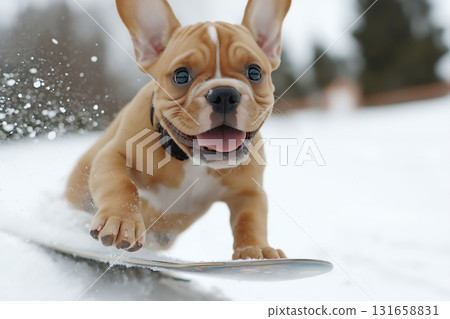 Adorable bulldog puppy playing in the snow, a cute and lively animal enjoying winter fun Adorable bulldog puppy playing in the snow, a cute and lively animal enjoying winter fun 131658831