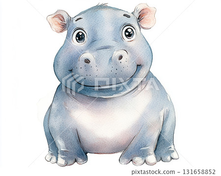 Cute hippopotamus cartoon illustration with a friendly smile in watercolor style 131658852
