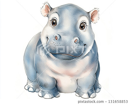 Cute hippo cartoon illustration in blue tones, perfect for playful wildlife art lovers 131658853