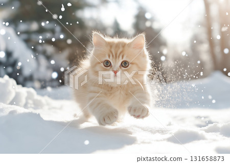 Playful Persian kitten running in the snow, adorable fluffy pet in winter landscape 131658873