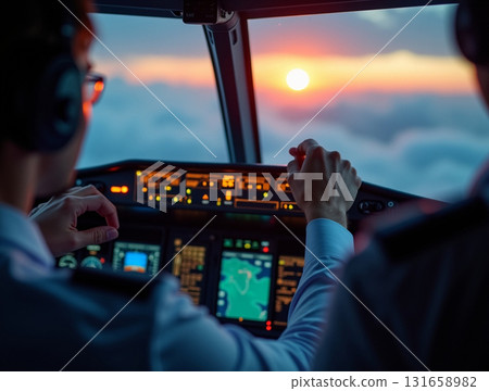 Rear view of two pilots in the cockpit flying a commercial jet above clouds into the stunning light of the setting sun. 131658982