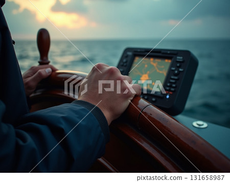 A sailor's hands on a polished wooden helm with a digital GPS chartplotter providing navigation data at sea. 131658987