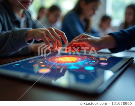 Two children's hands interact with a glowing, colorful astronomy simulation on a digital tablet in class. 131658990