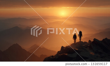 Two hikers reach a mountain at sunset 131659117