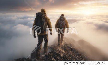 Two hikers reach a mountain at sunset 131659142