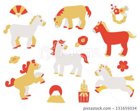 可用於馬年新年賀卡的金色、銀色和紅色馬匹插圖和新年裝飾 可用於馬年新年賀卡的金色、銀色和紅色馬匹插圖和新年裝飾 131659334