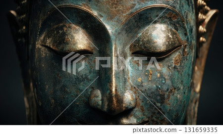 Ancient Buddha face close-up with patina texture, symbolizing peace, mindfulness, and spiritual enlightenment 131659335