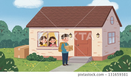 一位女送貨員正在搬運包裹。這是一幅繪本風格的輕型貨車插圖。 131659381