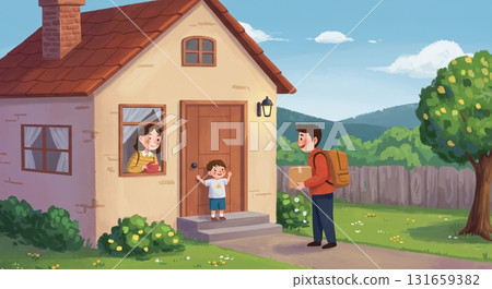 在城市裡送包裹。這幅圖畫書風格的插圖描繪了一輛輕型貨車和一名男性送貨員 131659382