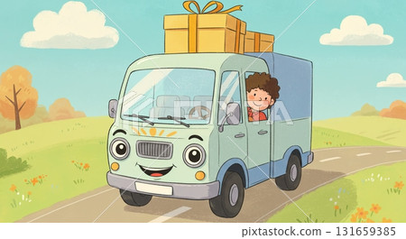 A picture book-style depiction of a male delivery man in the driver's seat of a light van, waving gently. A picture book-style depiction of a male delivery man in the driver's seat of a light van, waving gently. 131659385