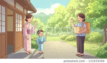 一位女送貨員正在搬運包裹。這是一幅溫柔的圖畫書風格的輕型貨車插圖。 131659389