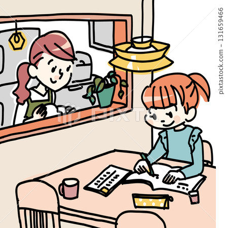 Child and mother studying at the dining table 131659466