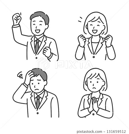 一套 4 張商務人士的成就和評估場景線畫(握拳、高興、困擾、道歉) 一套 4 張商務人士的成就和評估場景線畫(握拳、高興、困擾、道歉) 131659512