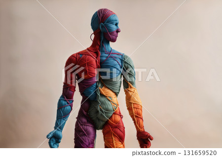A male figure knitted with colorful yarn - craft art that expresses the beauty of the human body and its structure 131659520