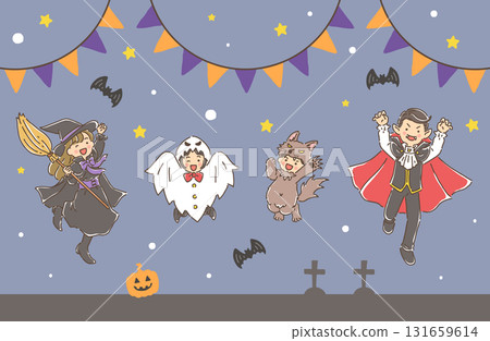 Family set jumping in Halloween costumes Family set jumping in Halloween costumes 131659614