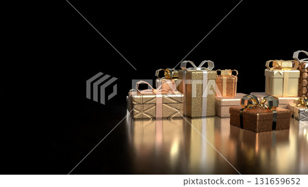 The Gold Gift box on Black Background for celebration or holiday concept 3d Rendering. The Gold Gift box on Black Background for celebration or holiday concept 3d Rendering. 131659652