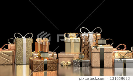 The Gold Gift box on Black Background for celebration or holiday concept 3d Rendering. The Gold Gift box on Black Background for celebration or holiday concept 3d Rendering. 131659653